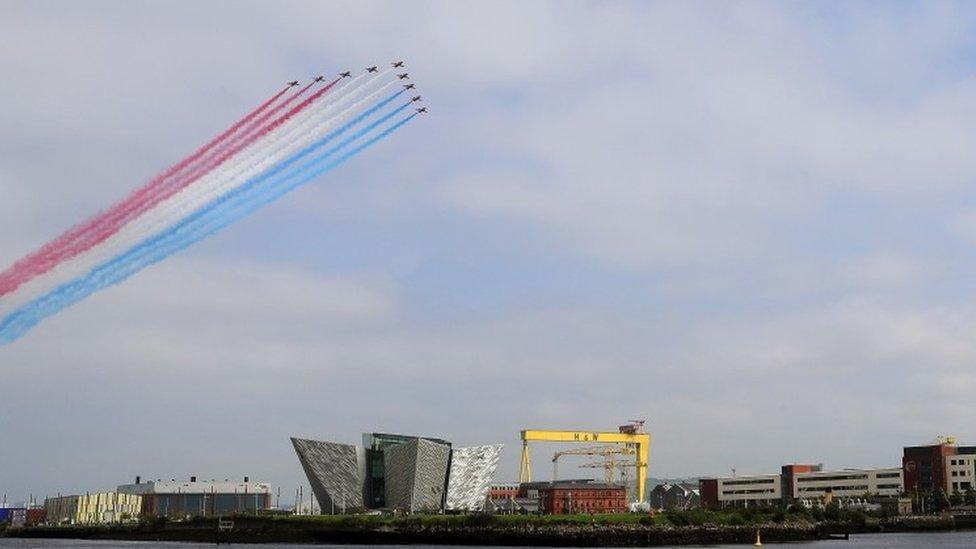 The Red Arrows flew over the Titanic slipway and the Titanic Museum in Belfast