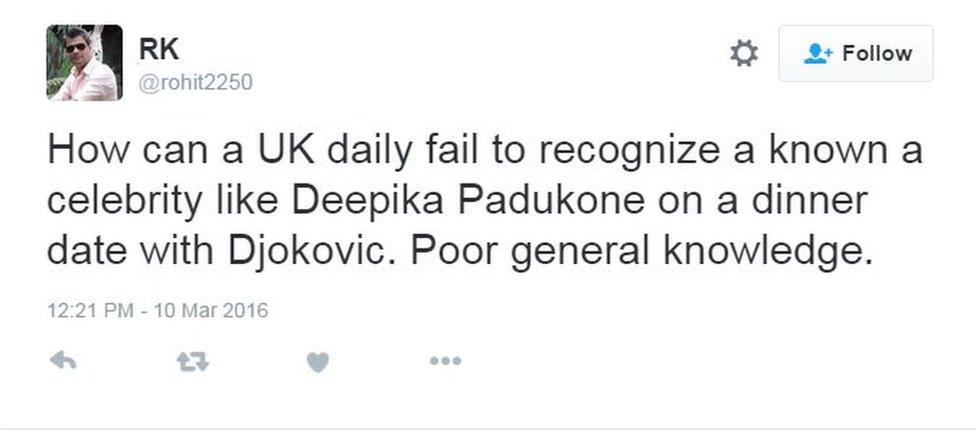 How can a UK daily fail to recognize a known a celebrity like Deepika Padukone on a dinner date with Djokovic. Poor general knowledge.