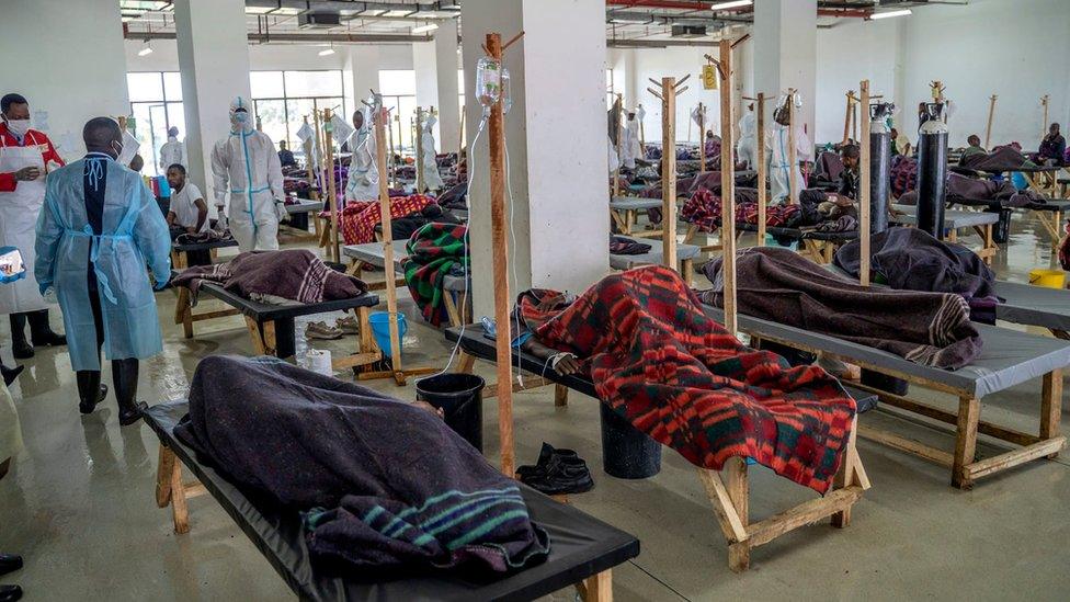 Cholera patients at Heroes Stadium Cholera Treatment Centre in Lusaka