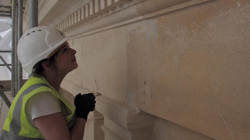 Katie May Langridge inspecting stone work, Lowestoft post office