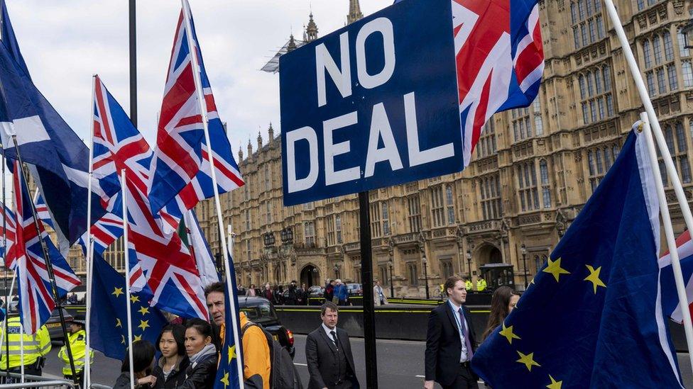 Protesters and flags outside the Palace of Westminster