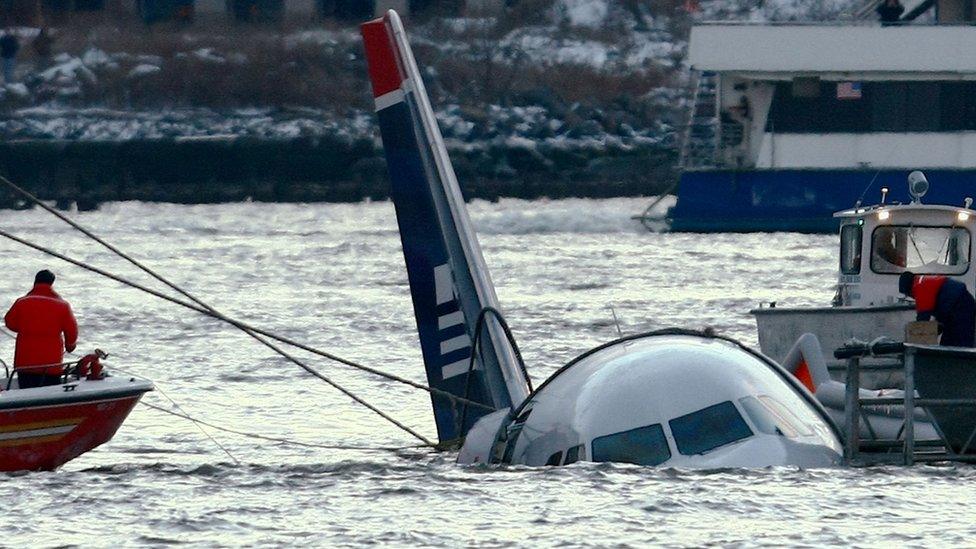 American Airlines plane being rescued from the Hudson River.