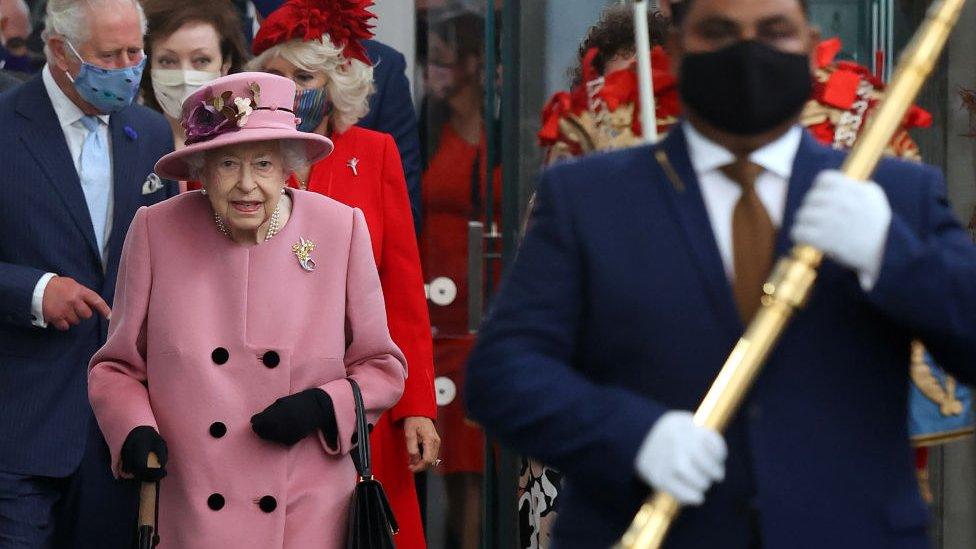 The Queen was led into the Senedd chamber by mace bearer Shaz Khan