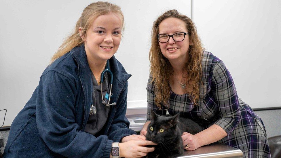 Caitlin Ashmore from Arundell Vets with Bob and his owner Nadine Graham.