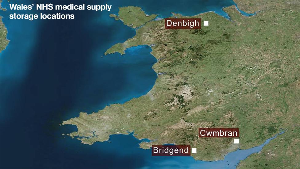 Wales map showing medical supply storage locations