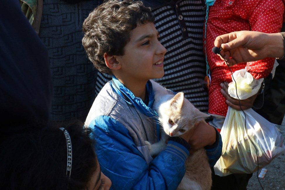 A boy, who was evacuated with others from a rebel-held area of Aleppo, is interviewed upon his arrival with his cat at insurgent-held al-Rashideen still holding his cat