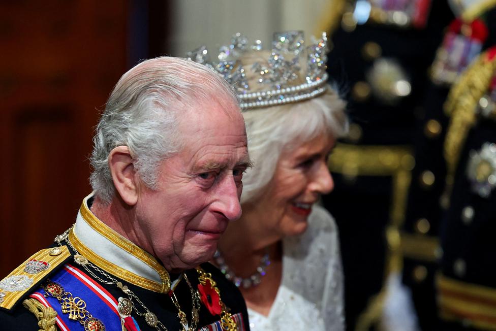 King Charles III and Queen Camilla depart the State Opening of Parliament in the House of Lords at the Palace of Westminster in London.