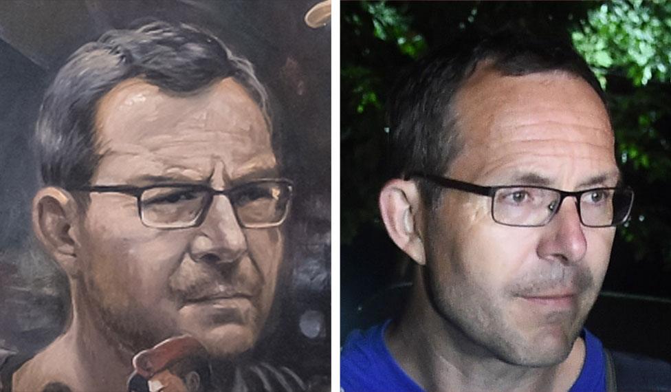 A mural image of John Volanthen on the left side and a photo of John Volanthen on the right side