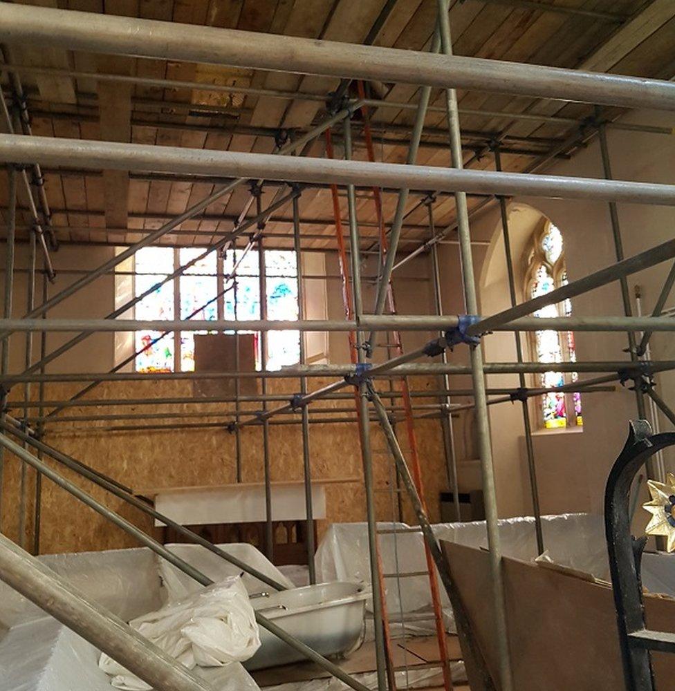 Scaffolding in the chancel of St John's Church, Elmswell