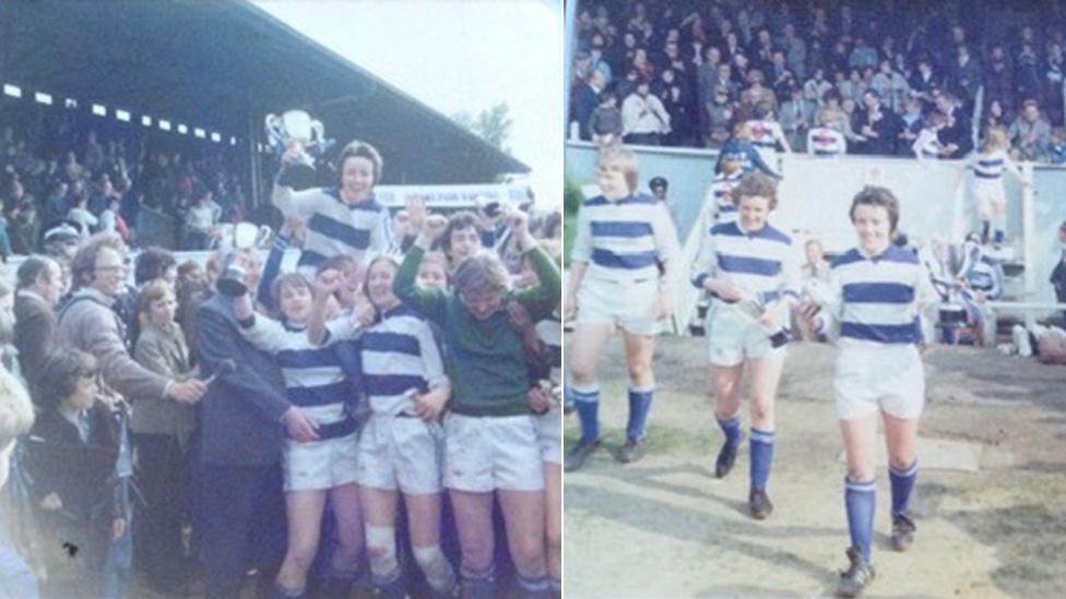 Carrie Staley (right) with the cup as the team celebrates (left)