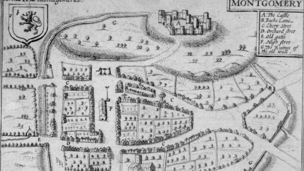 A drawn plan of what Montgomery Castle and Montgomery looked like originally