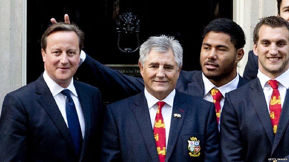 Manu Tuilagi gives former Prime Minister David Cameron the bunny ears.