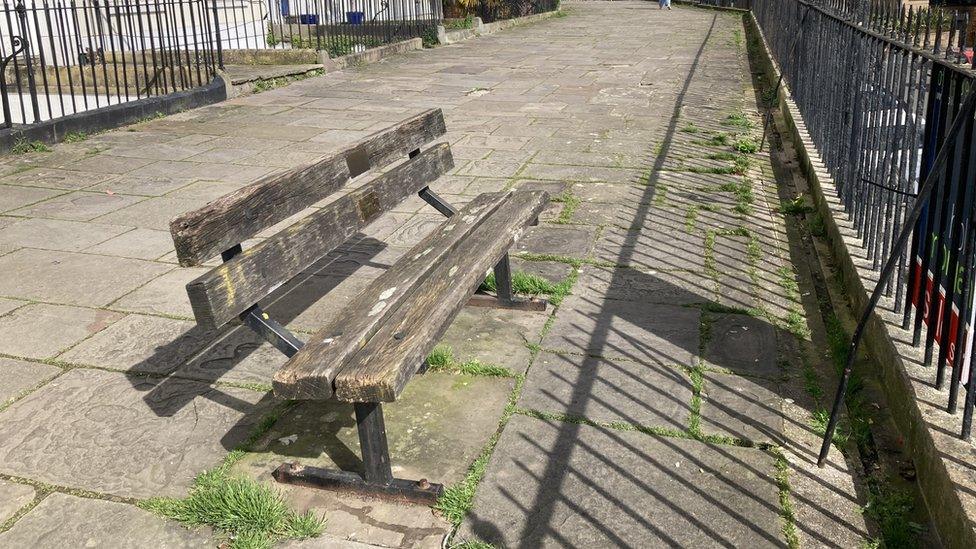 The bench the plaque is on, on Royal York Crescent in Bristol