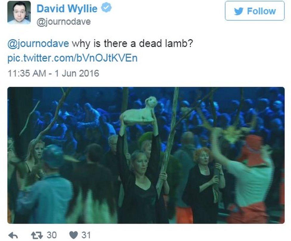 Tweet showing image of a woman holding a toy lamb to the sky, saying: "Why is there a dead lamb?"