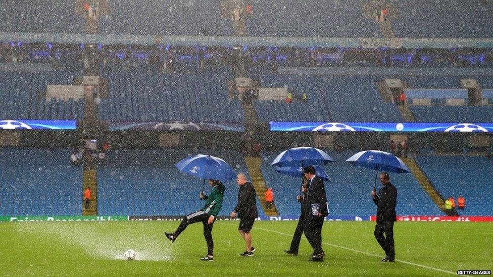 Rain at Manchester City's Etihad Stadium