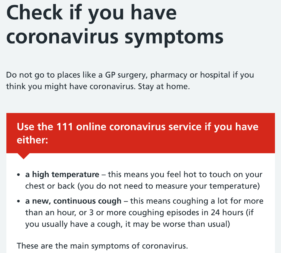 The NHS website says the "main symptoms" of Covid-19 are a high temperature and a new, continuous cough