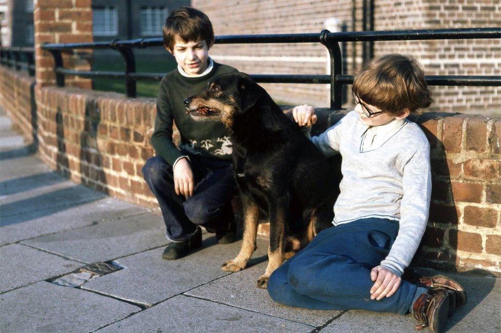 70s kids with a dog