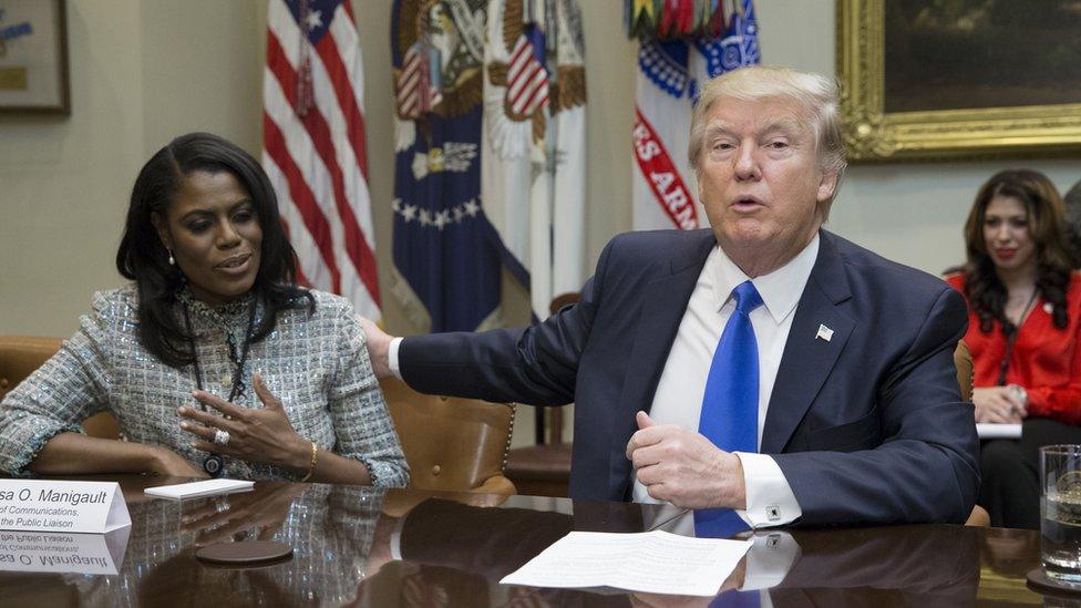 President Donald Trump (R) holds an African American History Month listening session attended by Omarosa Manigault (L) - 1 February 2017