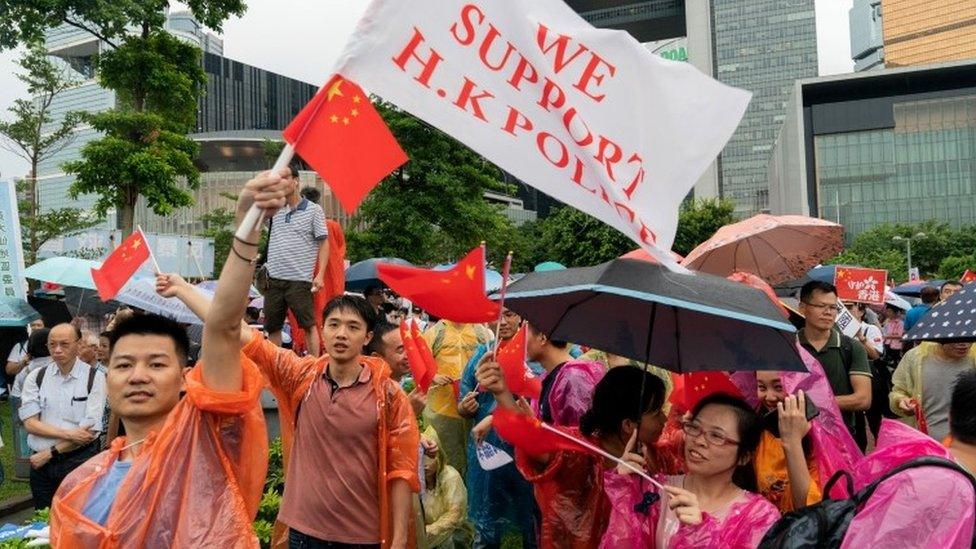 Pro-Beijing supporters show support for the Hong Kong Police during a pro-government rally in Hong Kong