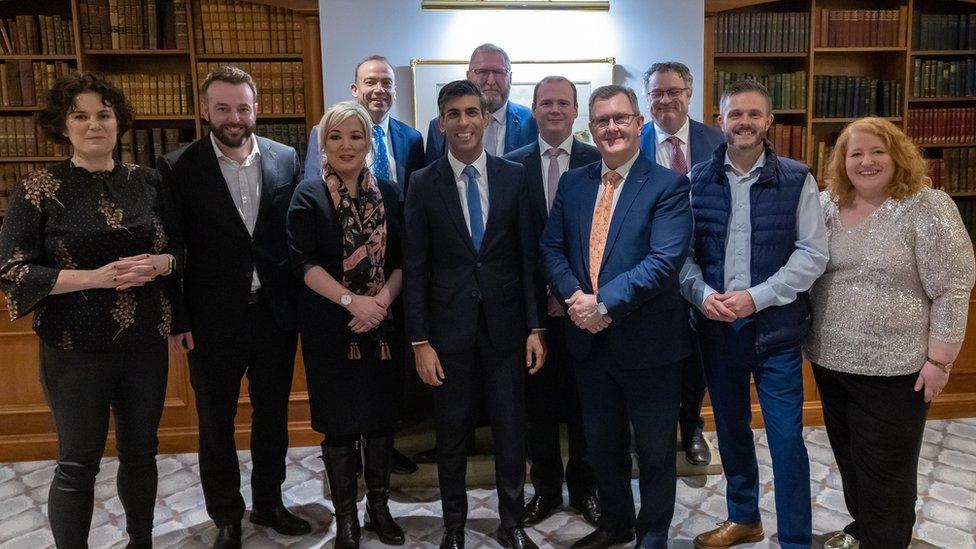 Clare Hanna, Colum Eastwood, Michelle O'Neill, Chris Heaton-Harris, Rishi Sunak, Doug Beattie, Gordon Lyons, Sir Jeffrey Donaldson, Stephen Farry, Robbie Butler and Naomi Long