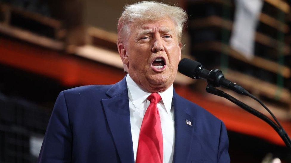 Former US President Donald Trump speaks speaks at a campaign rally on 27 September 2023 in Clinton Township, Michigan