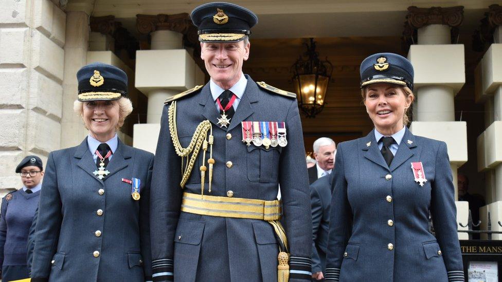 Commandant air cadet Dawn McCafferty, Air Marshal Julian Young, and Honorary Group Captain Carol Vorderman