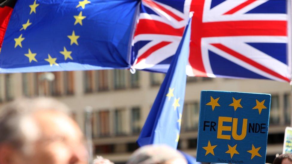 : Demonstrators protest at the Pulse of Europe demonstration on March 31, 2019 in Berlin, Germany. The pro-European Union citizen"s initiative encourages citizens of the bloc to speak out publicly in favor of a pan-European identity as a counter to Euroskepticism and certain sentiment behind Brexit and right-wing ideologies.