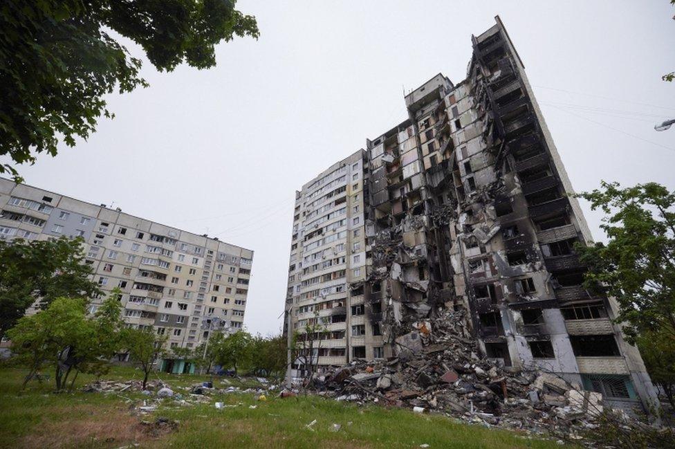 A destroyed residential tower block in Kharkiv, Ukraine, pictured on 29 May 2022