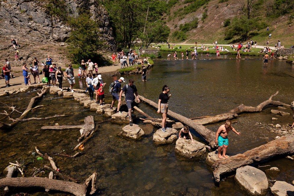 Dovedale stepping stones on a sunny day