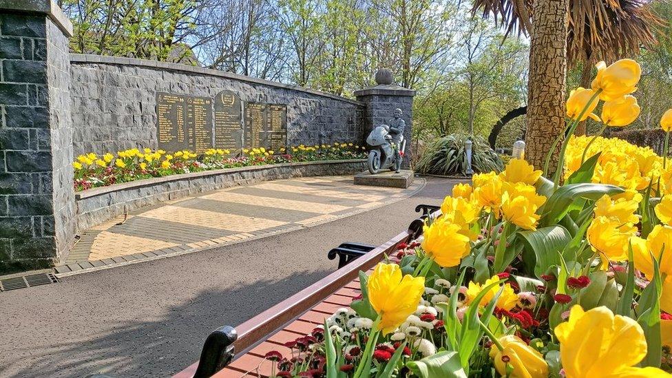 A bed of yellow tulips in a park