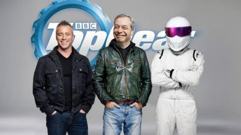 Picture of Farage's face in a Top Gear publicity shot