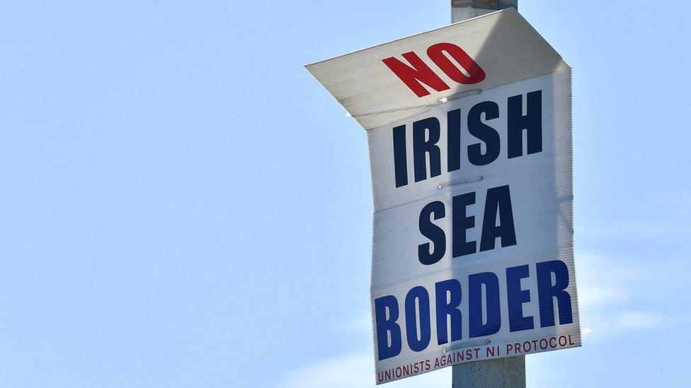 A placard that reads: NO IRISH SEA BORDER - UNIONISTS AGAINST NI PROTOCOL