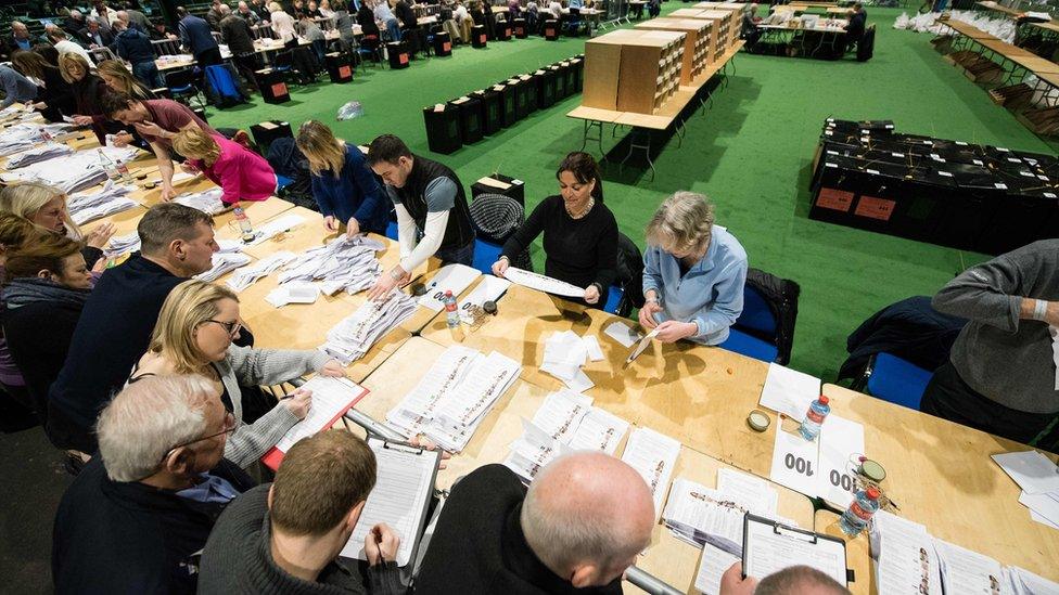 Election workers counting votes in the RDS centre in Dublin