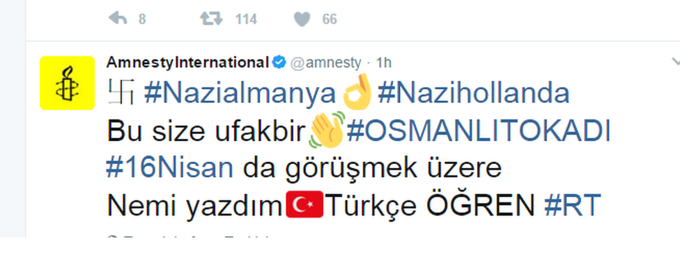 Post in Turkish on Amnesty International's Twitter account