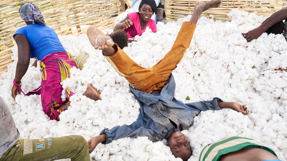 Children have fun in a pile of cotton during the harvest in southern Mali - 25 November 2018