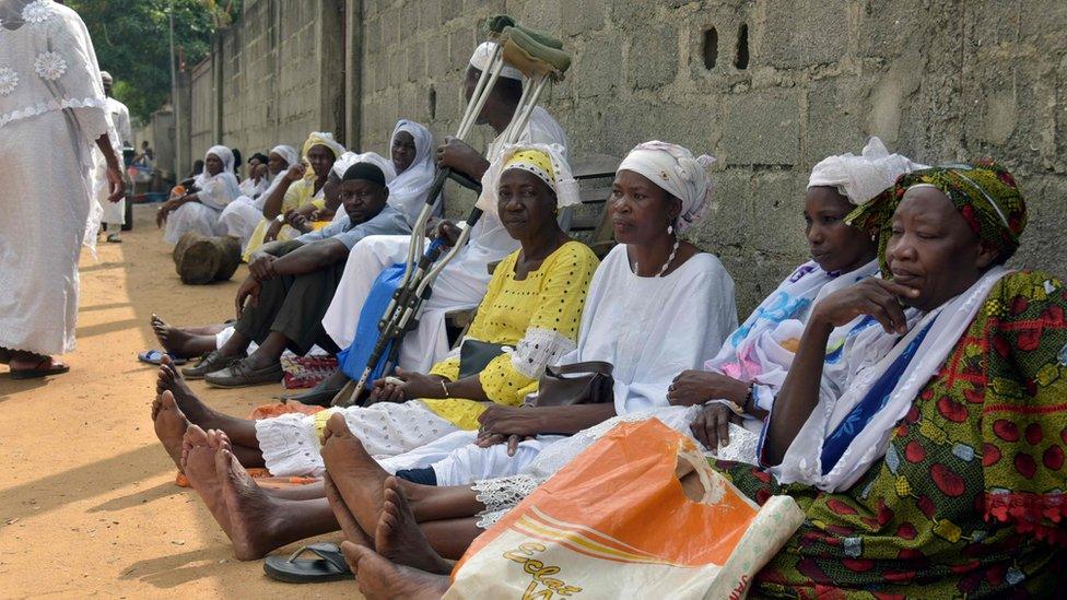 Victims and relatives of victims of the 2010 post-electoral violence gather in Abidjan to protest against the request to release Laurent Gbagbo