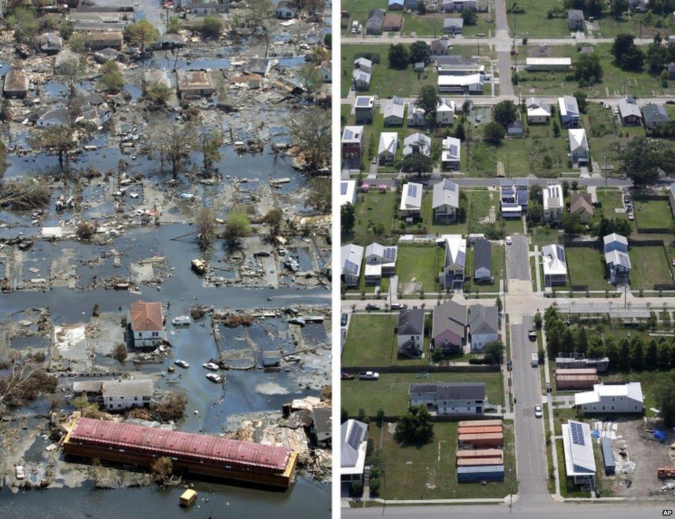 Aerial photos show the Lower Ninth Ward of New Orleans flooded by Hurricane Katrina and the same area a decade later