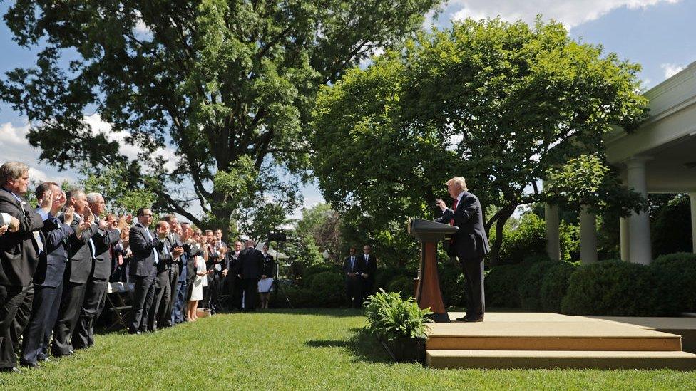 President Donald Trump receives a standing ovation while announcing his decision for the United States to pull out of the Paris climate agreement in the Rose Garden at the White House June 1, 2017 in Washington, DC.