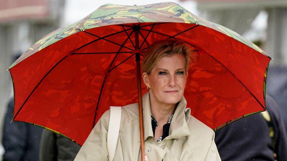 Duchess of Edinburgh carrying umbrella at Windsor Horse Show, 12 May 2023