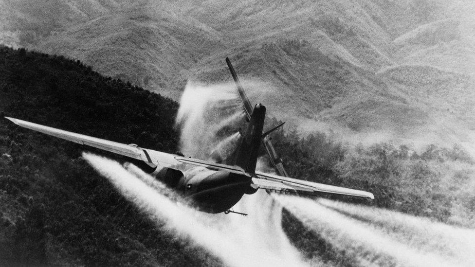 US air force jet flies over an area near Saigon spraying Agent Orange in 1968