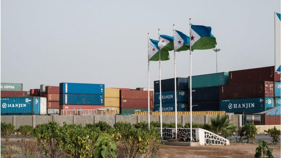 Djibouti's national flags at the Doraleh port