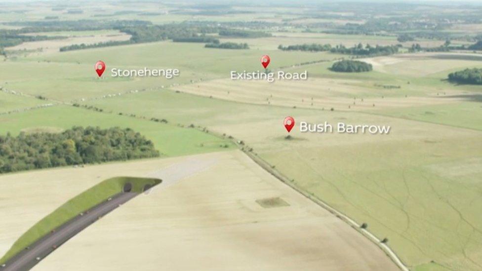 Shot showing Stonehenge, the A303 and Bush Barrow