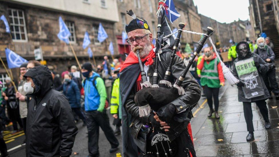 Bagpiper at demonstration