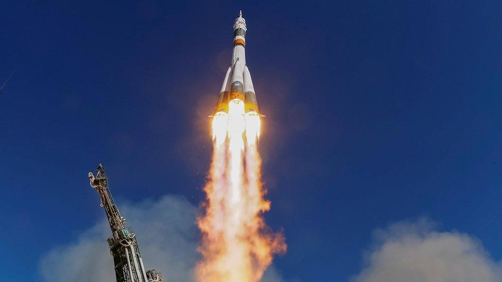 The Soyuz MS-10 spacecraft carrying the crew of astronaut Nick Hague of the U.S. and cosmonaut Alexey Ovchinin of Russia blasts off to the International Space Station (ISS) from the launchpad at the Baikonur Cosmodrome, Kazakhstan October 11, 2018.