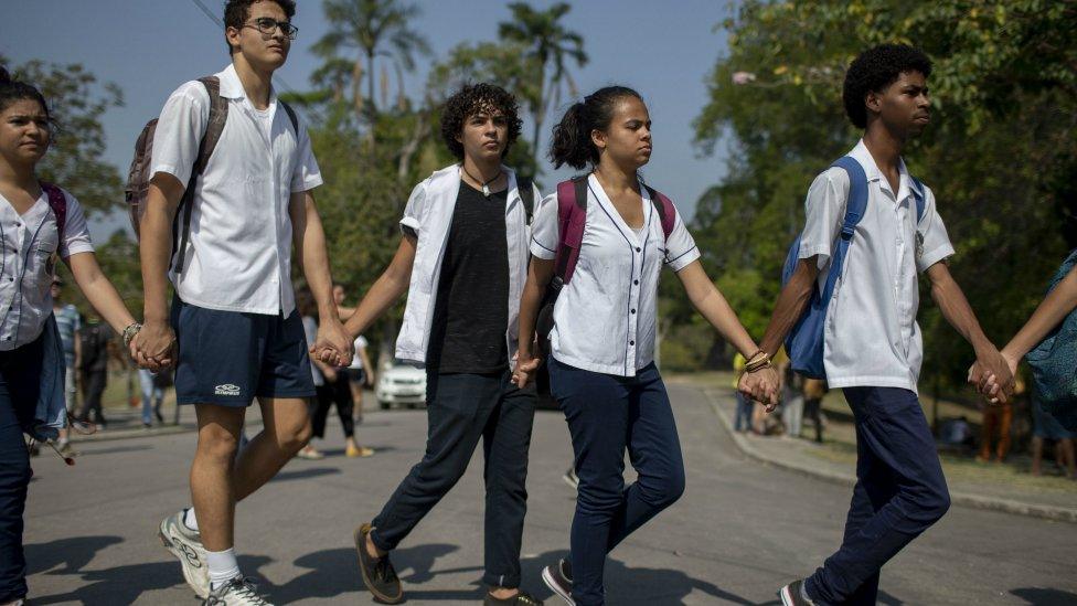 Students hold a demonstration outside Brazil's National Museum 3 September 2018