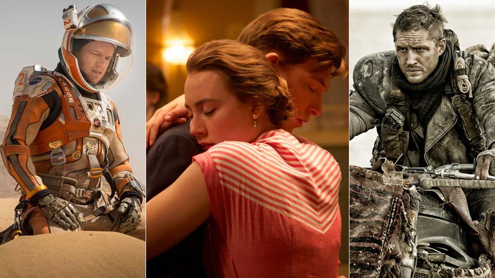 Matt Damon in The Martian; Saoirse Ronan and Emory Cohen in Brooklyn; Tom Hardy in Mad Max: Fury Road