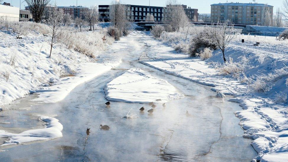 A view of the frozen Chico river in Avila, Spain, 12 January 2021