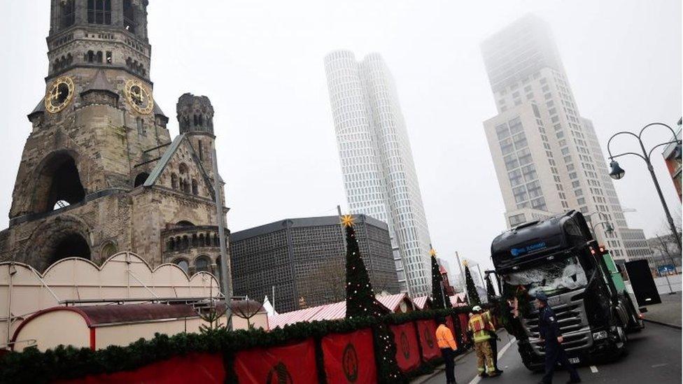 A truck that crashed into a Christmas market near the Kaiser-Wilhelm-Gedaechtniskirche (Kaiser Wilhelm Memorial Church) in Berlin is pictured on 20 December 2016.