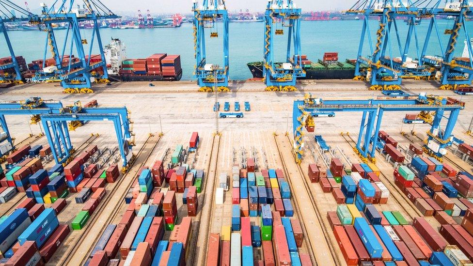 An aerial view of a port in Qingdao in China's eastern Shandong province on March 8, 2019.