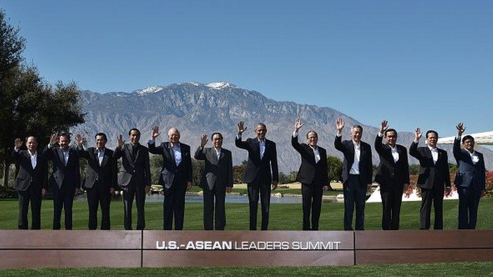 US President Barack Obama and leaders take part in a group photo during a meeting of the Association of Southeast Asian Nations (ASEAN) at the Sunnylands estate on February 16, 2016 in Rancho Mirage, California.